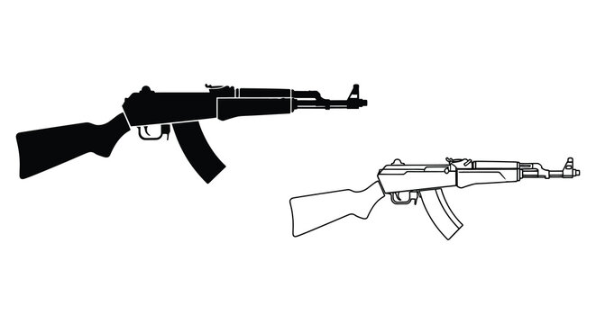 Black and white illustration of an ak 47 assault rifle stark silhouette