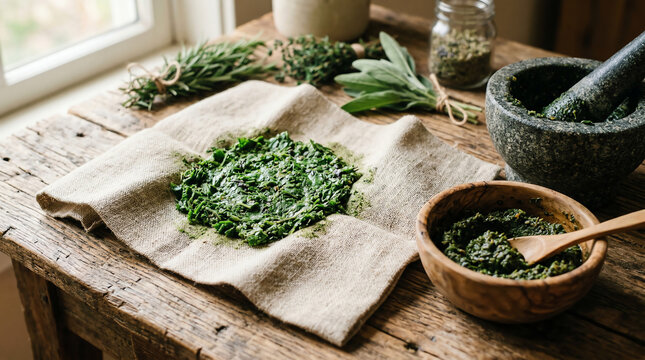Linen poultice wrap with crushed fresh herbs and wooden bowl of paste