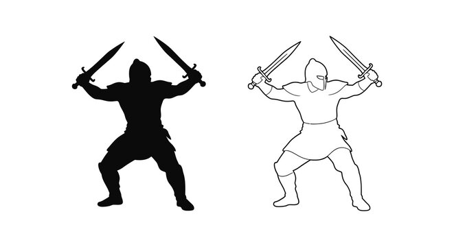 Two gladiator figures with swords a solid black silhouette illustration