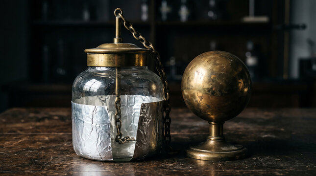 Glass Leyden jar with brass cap and chain electrode beside generator ball