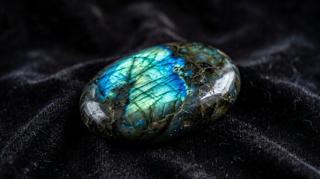 Polished labradorite palm stone showing brilliant blue-green schiller flash