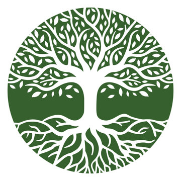Green tree with roots in a circle