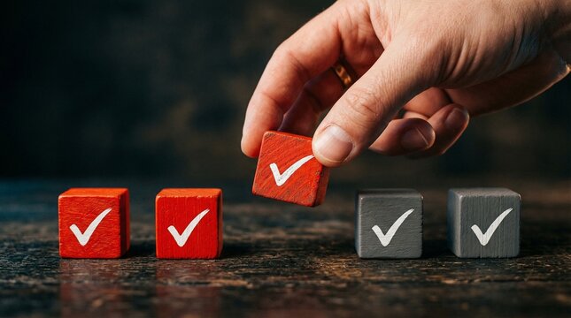 A hand placing a red checkmark block among other colored checkmark blocks