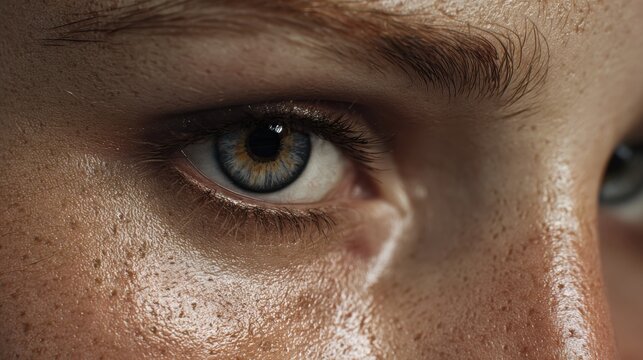 Close-up View of a Human Eye and Skin to Show Details of Texture and Natural Features Under Professional Lighting