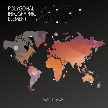 Polygonal world map with geometric network and abstract design elements