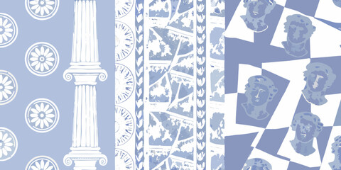 Blue and white neoclassical patterns featuring busts and architectural elements © Shuvra Majumder