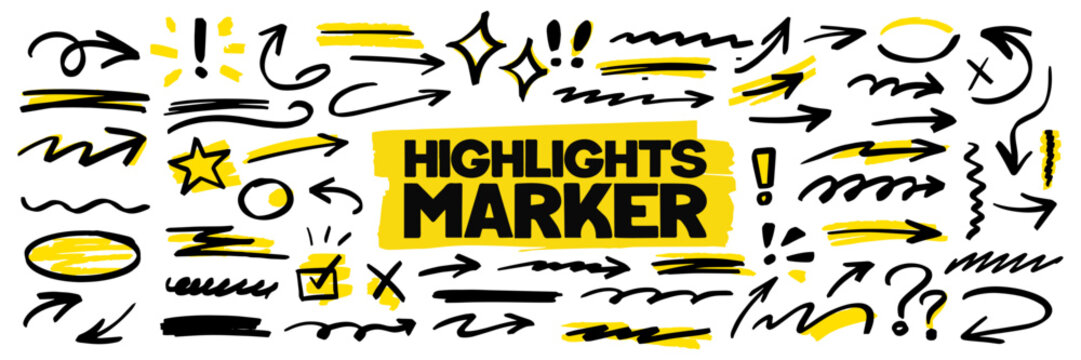 Minimal doodle collection made by hand, smooth line style, expressive arrow elements, crisp marker texture and subtle highlight touches, arrow marker highlight vibe