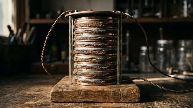 Voltaic pile showing stacked copper and zinc discs with felt spacers