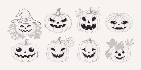 Fototapeta premium Hand drawn halloween pumpkins and a witch s hat in black and white