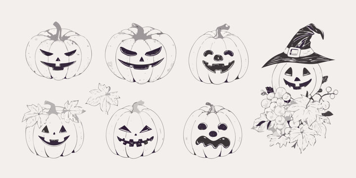 A collection of hand drawn halloween pumpkins and a witch s hat