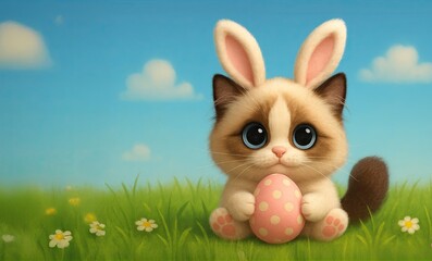 Cute Cartoon Cat Dressed as an Easter Bunny Holding an Easter Egg in a Meadow Against a Blue Sky