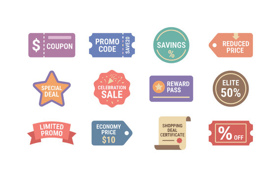 Money saving coupon card, promotional code voucher, retail savings badge, reduced cost label, special deal emblem, celebration