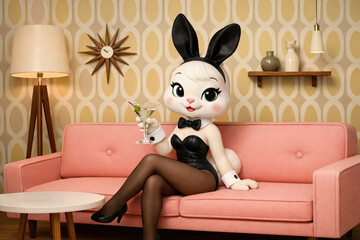 Sexy 1950s Easter Bunny Drinking a Martini on a Retro Couch