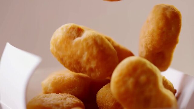 Slow motion tracking handheld close up of chicken nuggets falling and landing into paper box on neutral background