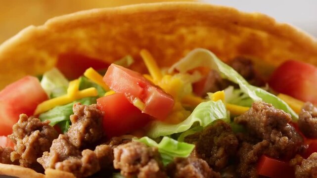 Tracking shot of taco filling shifting to reveal lettuce tomato cheese and seasoned beef inside crispy shell on kitchen counter close up