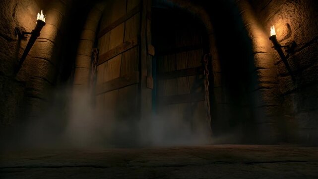 Slow tracking shot of heavy wooden door creaking open with mist rolling into stone dungeon entrance