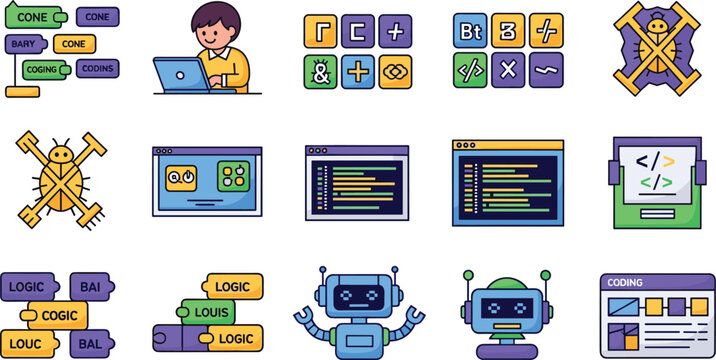 Coding for kids and artificial intelligence programming icon set