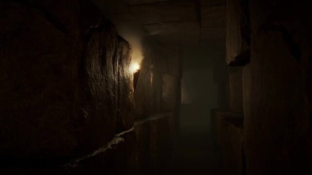 Tracking shot of narrow stone corridor with flickering torch illuminating passage in underground crypt chamber low light atmosphere