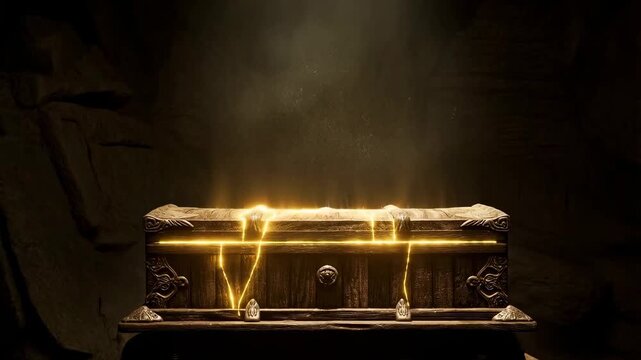 Slow motion static shot of treasure chest glowing and releasing golden particles in dark cave cavern
