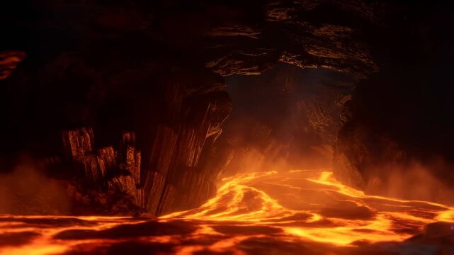 Slow motion tracking pan tilt of lava river flowing and glowing inside volcanic cavern interior with rock formations