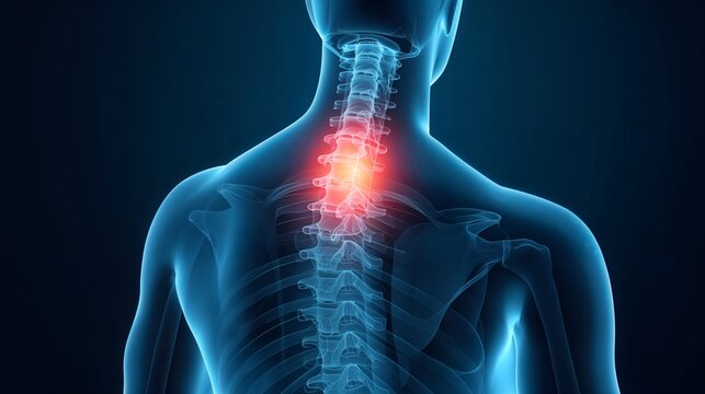 Human upper back spine pain highlighted in glowing red medical concept