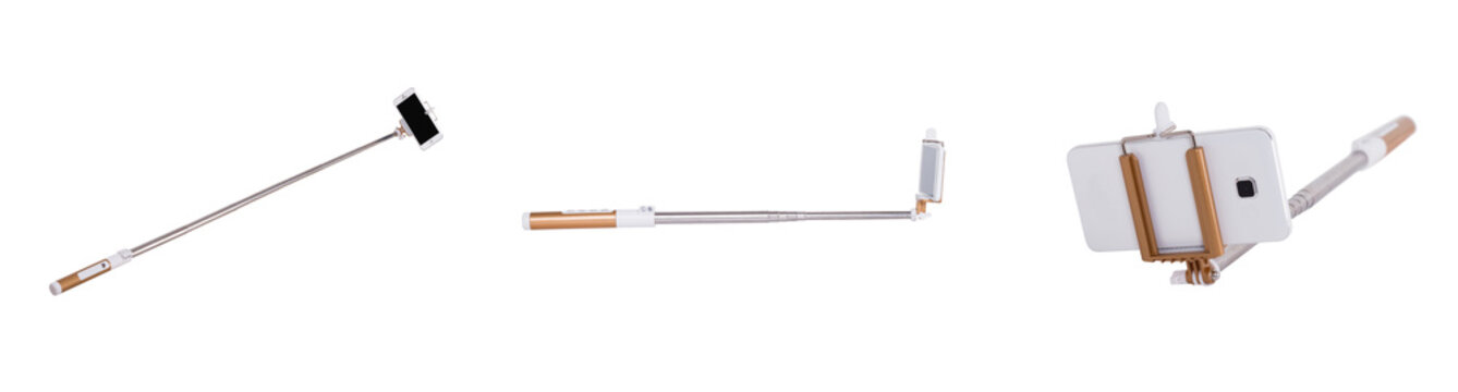 Selfie stick monopod and cellphone isolated on white with clipping path