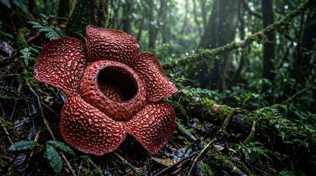 Rafflesia arnoldii flower blooming in tropical rainforest. Giant parasitic plant with red spotted petals in jungle environment. Nature discovery, exotic botanical species, biology study.