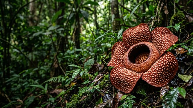 Rafflesia arnoldii flower blooming in tropical rainforest. Giant parasitic plant with red spotted petals in jungle environment. Nature discovery, exotic botanical species, biology study.