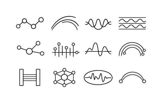 Line style vector icons of fragrance identity storytelling: rhythm node, variation arc, modulation line, phase band, signal node,