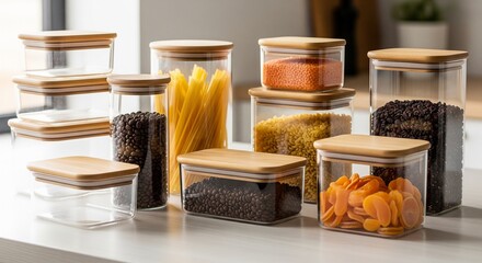 Fototapeta premium A variety of glass storage jars with wooden lids containing pasta, grains, dried fruits, and seeds on a kitchen counter.