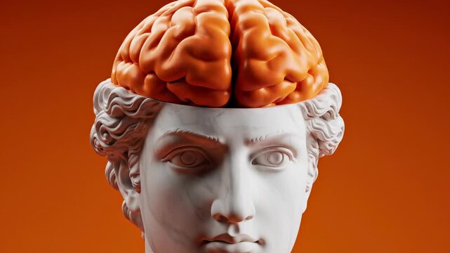 Artistic representation of brain and statue. Creative visual explores intelligence and thought. Bright color scheme enhances modern aesthetic appeal.