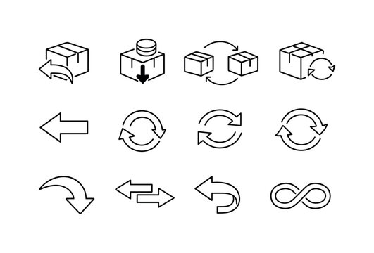 Line style vector icons of product return: return, refund, exchange, reverse; box, parcel, package, item; arrowback, rotate, undo