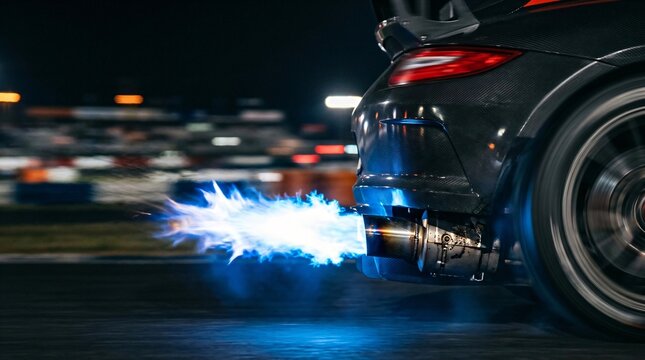 Back of super car exhaust pipe with blue flame shooting out during night race. Sport vehicle accelerating on track. Concept of high speed, power, adrenaline and automotive performance.