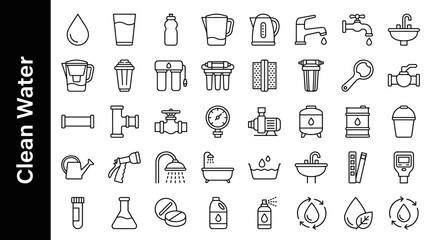 Fototapeta premium Collection of clean water icons and symbols for plumbing and purification systems