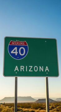 Arizona Interstate 40 Highway Road Sign Against Vast Desert Landscape Background