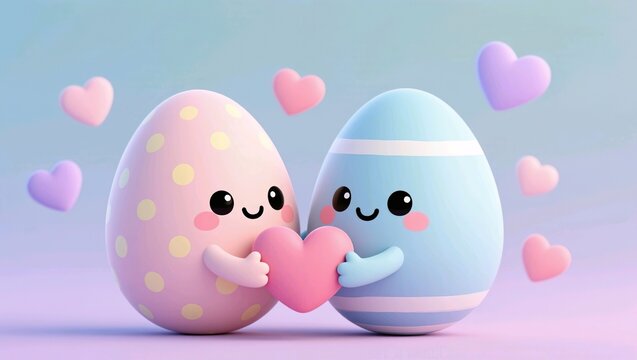 3D cute easter egg character with pastel colors, adorable cartoon style, spring holiday concept, copy space,two cute easter egg characters with hearts.