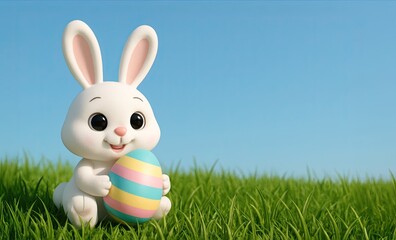Cute Cartoon Easter Bunny Holding an Easter Egg in a Meadow Against a Blue Sky