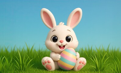 Cute cartoon Easter Bunny Holding an Easter Egg in a Meadow Against a Blue Sky