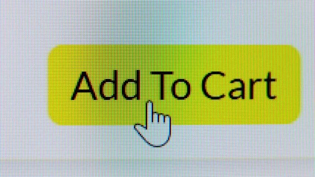 Macro Stop Motion of Online Shopping. Hand Cursor Hovering Over Add to Cart Button