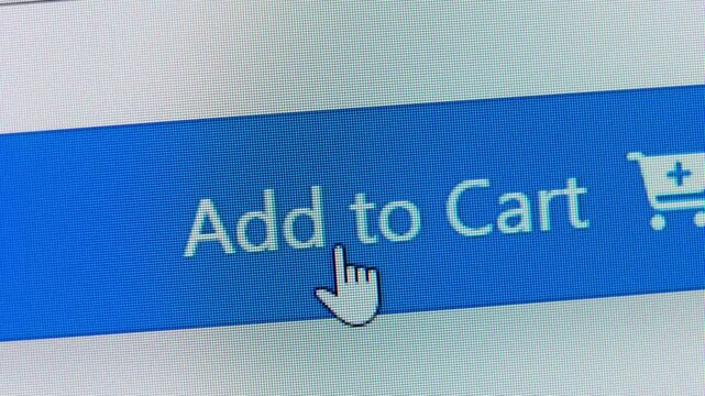 Macro Stop Motion of Online Shopping. Hand Cursor Hovering Over Add to Cart Button
