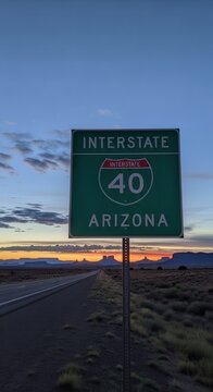 Arizona Interstate 40 Sign At Sunset Desert Landscape