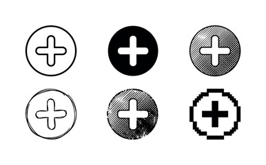 Obraz premium Collection of six diverse plus sign icons in circles, representing addition and new elements