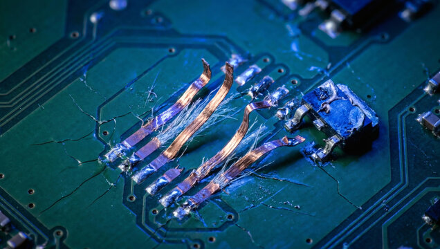 Macro photography of a cracked green circuit board with violently severed and bent copper traces