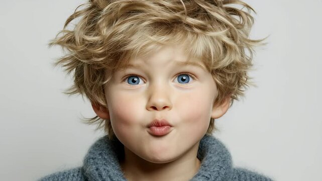 Young Caucasian boy with curly blond hair making expressive faces, puckering lips and opening mouth wide in a studio.