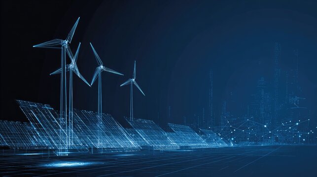 Abstract illustration of wind turbines and solar panels against a dark backdrop