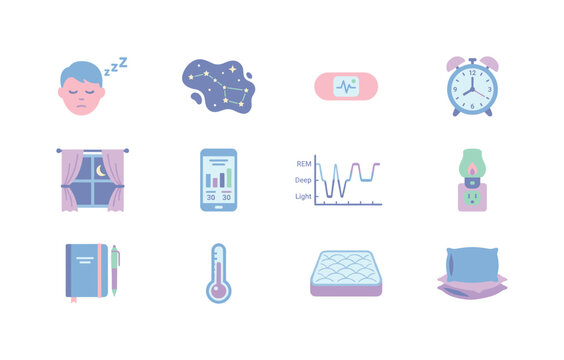 Dreaming face outline, constellation sky symbol, biometric patch sensor, analog bedside clock, curtained window, mobile rest