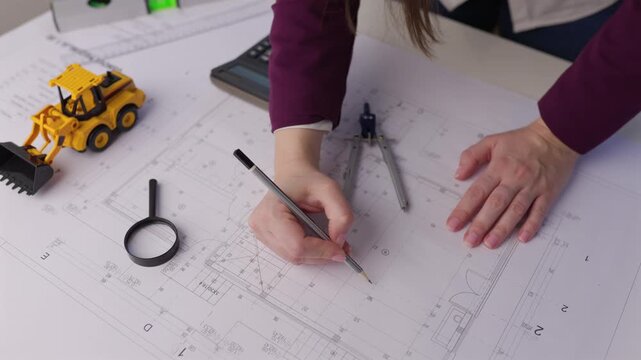 Close-up video of a female architect marking technical blueprint details with a pencil while reviewing floor plans at a desk with drafting tools and a toy loader.