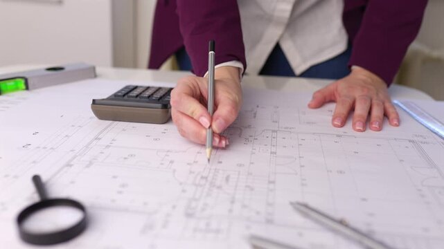 Close-up video of a female architect reviewing technical blueprints, pointing at marked dimensions and using a calculator while working at a desk in a modern office.