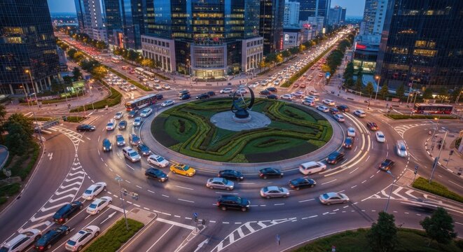 Bustling City Roundabout During Dusk With Busy Traffic Flow And Modern Architecture