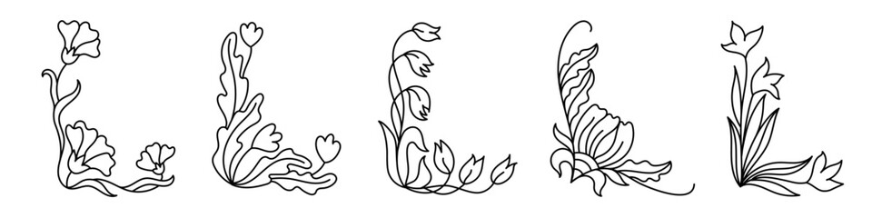 Collection of delicate hand drawn floral corner compositions with flowing leaves and blooming flowers. Ideal for wedding invitations, greeting cards, branding, stationery, prints, and digital designs. © Inna